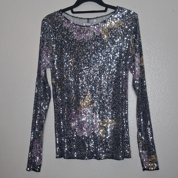 Free People Intimately Gold Rush Black Purple Long Sleeve Floral Sequin Size M - Picture 3 of 16